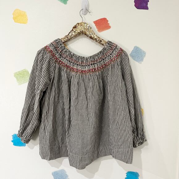 S The GREAT Striped Embroidered Linen Blend Off the Shoulder Blouse - Picture 1 of 4